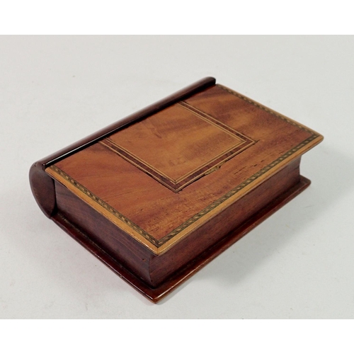 1342 - A 19th century marquetry mahogany book form box, with secret compartment for valuables, 11 x 8cm