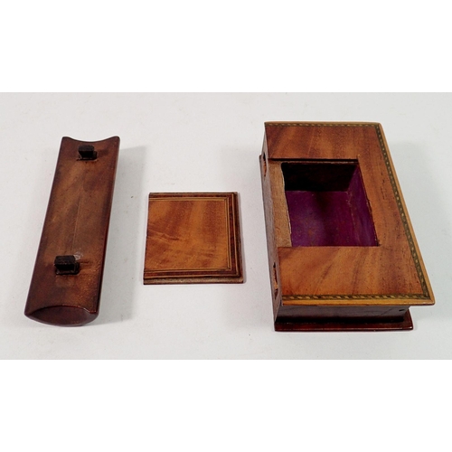 1342 - A 19th century marquetry mahogany book form box, with secret compartment for valuables, 11 x 8cm