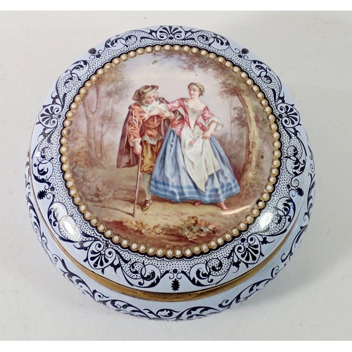 1346 - An enamel circular box painted romantic scene in fitted case (restored) 11cm diameter