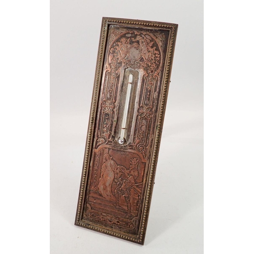 1347 - A silver plated on copper thermometer decorated medieval scene on easel stand, 22 x 7.5cm