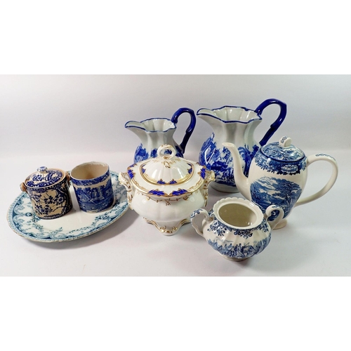 140 - A Victorian blue and white porcelain covered sugar bowl and various blue and white china