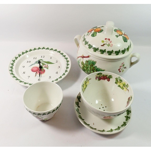 144 - A Portmeirion large tureen, strainer dish, clock and small pudding bowl