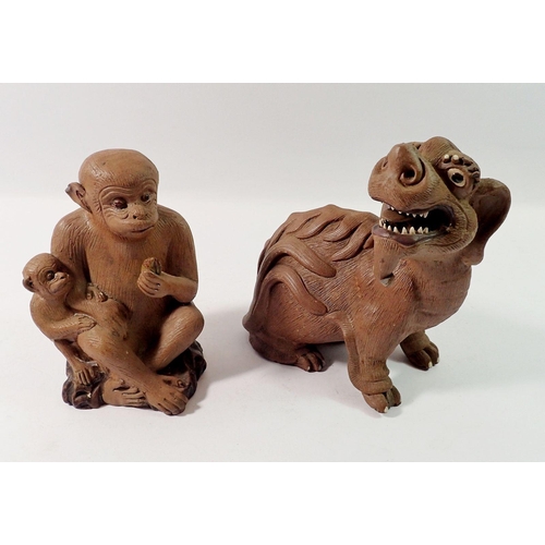 170 - A Chinese brown stoneware lion, 16cm tall and a similar monkey a/f