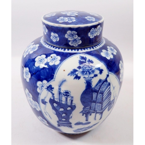 173 - A late Qing Dynasty Chinese blue and white ginger jar with prusnus blossom and panelled decoration, ... 