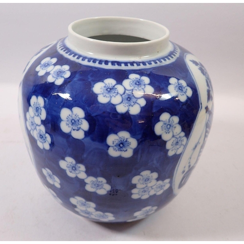 173 - A late Qing Dynasty Chinese blue and white ginger jar with prusnus blossom and panelled decoration, ... 