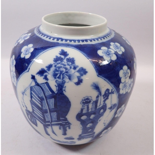 173 - A late Qing Dynasty Chinese blue and white ginger jar with prusnus blossom and panelled decoration, ... 