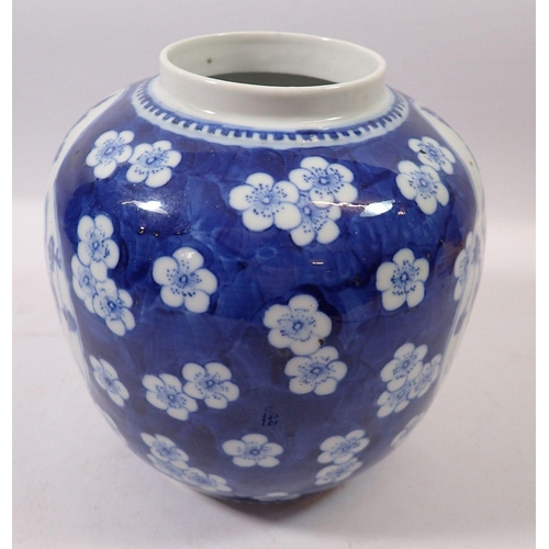 173 - A late Qing Dynasty Chinese blue and white ginger jar with prusnus blossom and panelled decoration, ... 