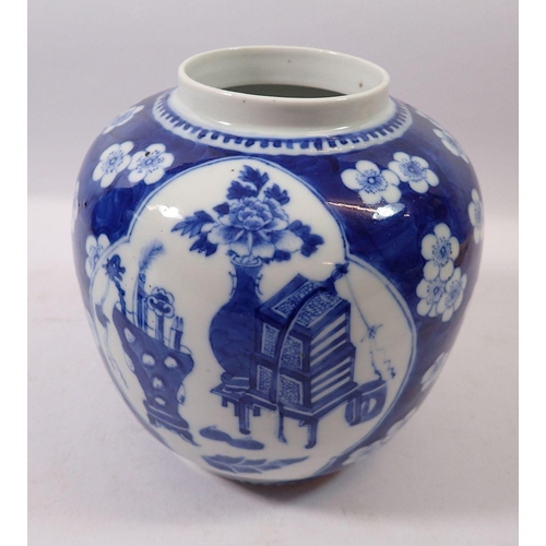 173 - A late Qing Dynasty Chinese blue and white ginger jar with prusnus blossom and panelled decoration, ... 