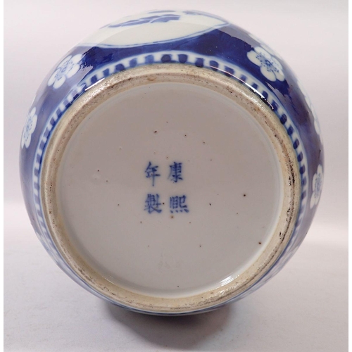 173 - A late Qing Dynasty Chinese blue and white ginger jar with prusnus blossom and panelled decoration, ... 