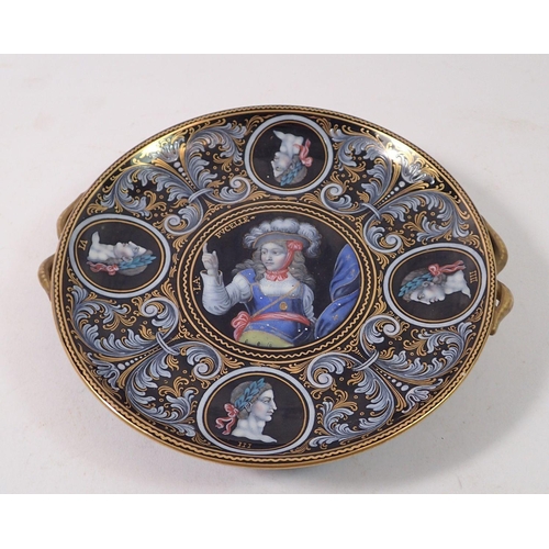 184 - A Limoges style enamelled porcelain dish painted medieval style woman within portrait and acanthus b... 