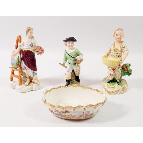 189 - An 18th century Derby figure of a woman with basket, 12cm tall and two other porcelain figures plus ... 