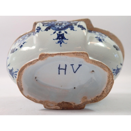 191 - An antique Delft oval two section box with hinged lids, possibly for spice, 13cm