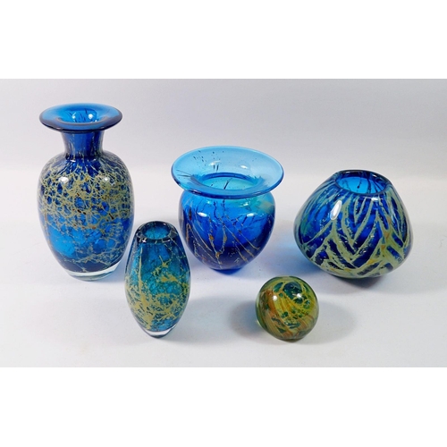 193 - Four Medina blue glass vases and paperweight, tallest 18cm