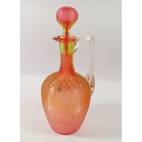 197 - A Victorian cranberry and yellow ribbed glass claret decanter and stopper, 27cm tall