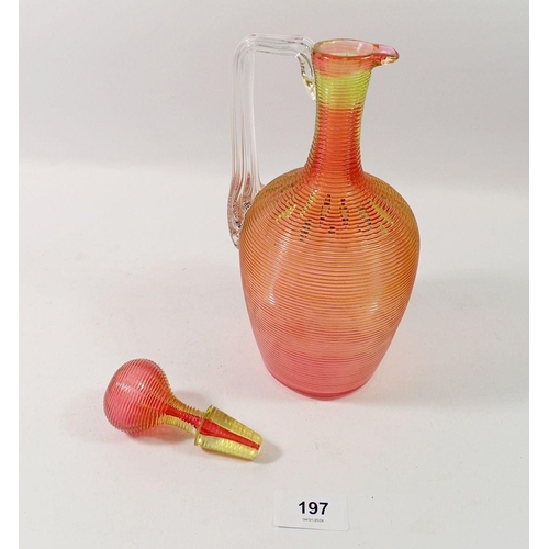 197 - A Victorian cranberry and yellow ribbed glass claret decanter and stopper, 27cm tall