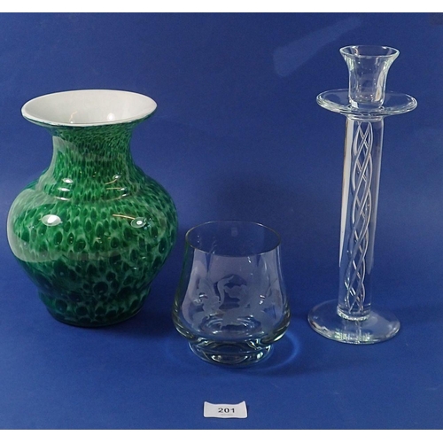 201 - A glass tall air twist candlestick 30cm, a green glass vase and a Swedish orchid engraved vase