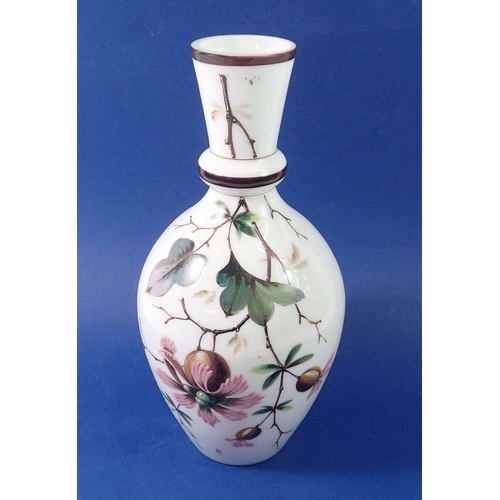 202 - A Victorian opaline glass vase painted flowers, 28cm tall