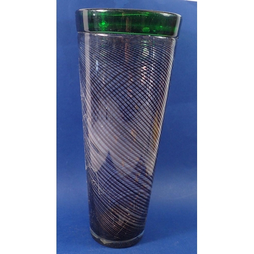 223 - A green rimmed tall striated glass vase, 41cm tall