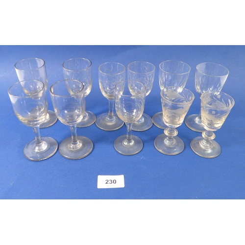 230 - A collection of eleven antique drinking glasses including pair of 18th century cordial glasses engra... 