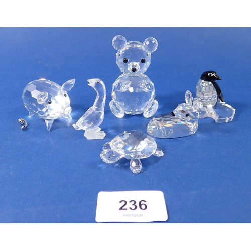 236 - A group of Swarovski glass animals: penguin, teddy deer, goose, pig and tortoise - all boxed, pengui... 