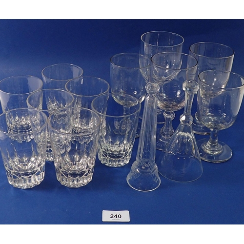 240 - A set of seven Edwardian faceted tumblers and five wine glass plus two cut glass stirrup cups