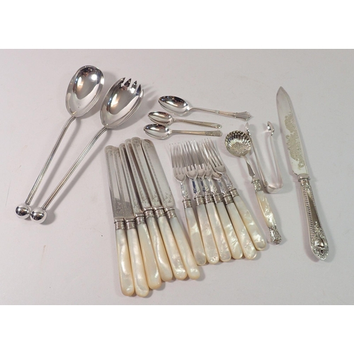 246 - A Victorian silver plated and mother of pearl fish cutlery set, a pair of silver plated salad server... 