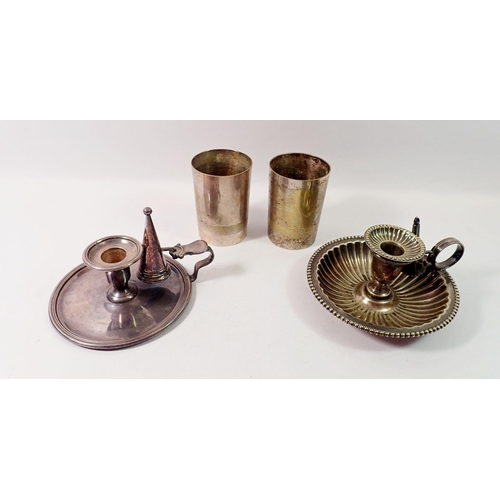 249 - Two silver plated chamber sticks and two tumblers