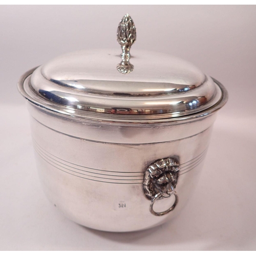 251 - A silver plated ice bucket by PHV & Co with lion mask handles, 21cm tall