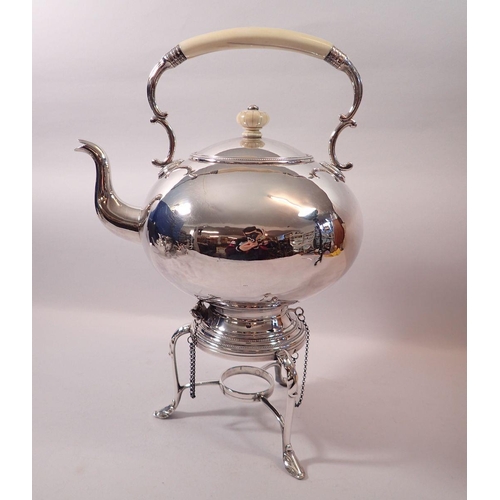 252 - A silver plated kettle on stand with ivory handle and finial, 40cm tall, Ivory Certification Number ... 