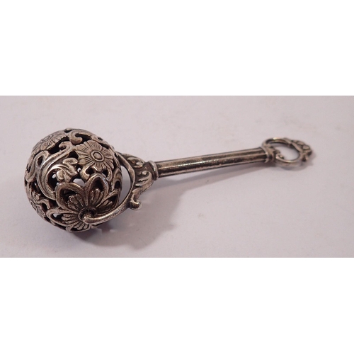 254 - A silver plated rattle with bell to floral pierced roller