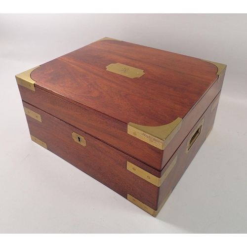 265 - A 19th century brass bound mahogany box in storm proof jacket, now fitted for cutlery 38cm x 30cm