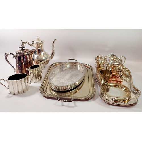 270 - A box of silver plated items including coffee pot, three trays etc.