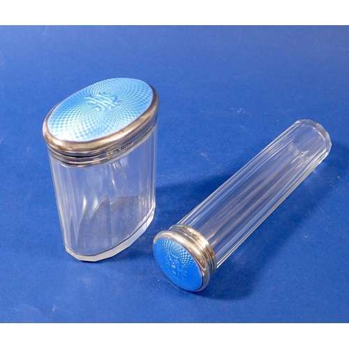 277 - A cut glass toiletry jar and bottle with blue enamel lids, Birmingham 1926, by Adie Bros.