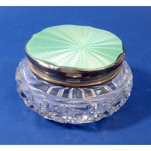 278 - A cut glass with silver collar powder bowl  with green enamel lid, Birmingham 1935