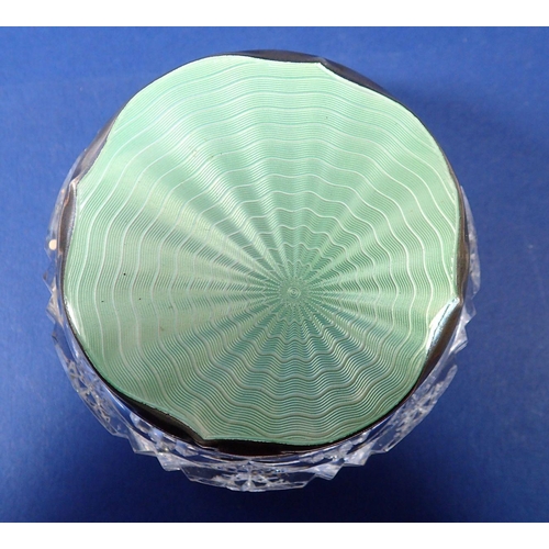 278 - A cut glass with silver collar powder bowl  with green enamel lid, Birmingham 1935