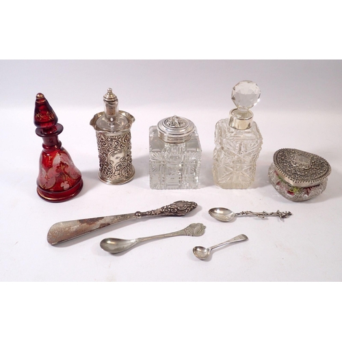 279 - A cut glass and silver heart form trinket box, Chester 1898, two silver and glass scent bottles and ... 