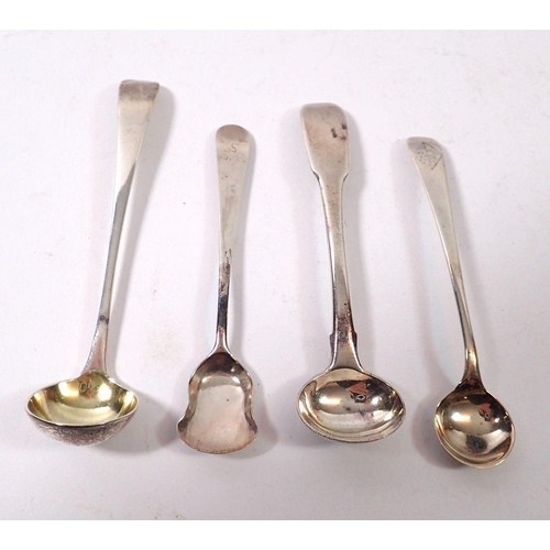 294 - Four silver Georgian cruet spoons including William Eley 1778 and Hester Bateman 1783, 41g