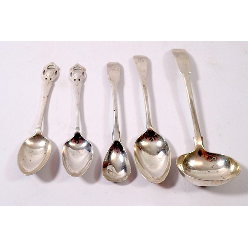 295 - A collection of four various silver spoons, 75g including Georgian Newcastle sauce ladle, maker TW