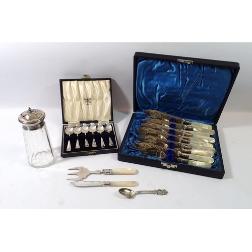 304 - A set of six silver teaspoons, Sheffield 1932 and a set of fish cutlery with silver collars plus a s... 