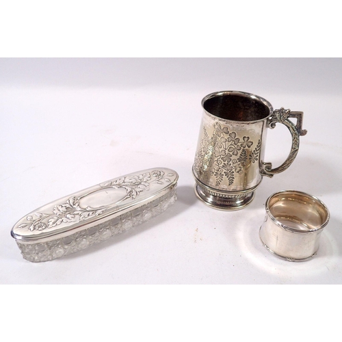 305 - A silver and cut glass dressing table box, a silver napkin ring and a Victorian silver plated christ... 