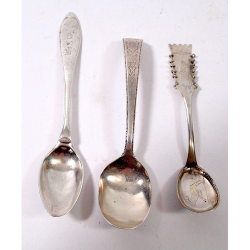 318 - An 18th century Swedish silver spoon and a later silver Swedish spoon plus a sterling 'Treasure' spo... 