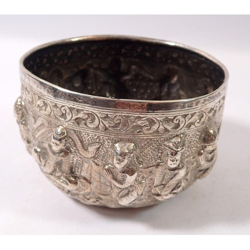 320 - An Indian white metal bowl with all over embossed figurative decoration, 234g, 11cm diameter