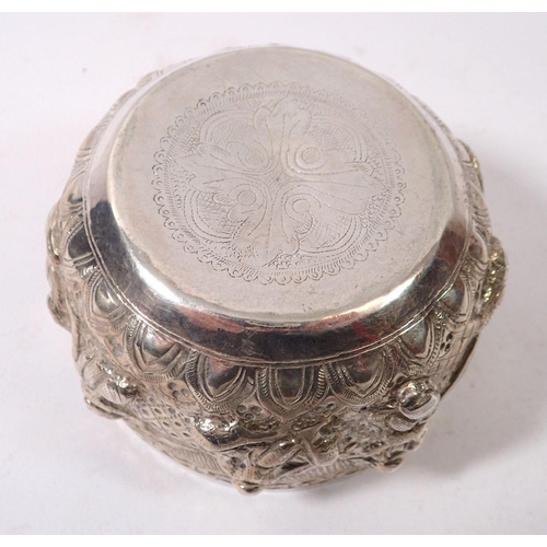 320 - An Indian white metal bowl with all over embossed figurative decoration, 234g, 11cm diameter