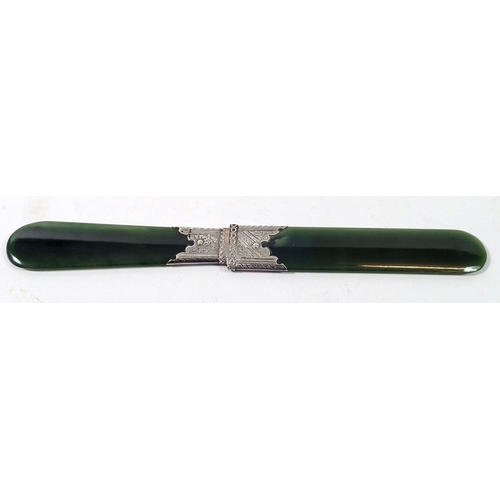 348 - A 19th century silver mounted green jade page turner, 20.7cm