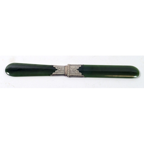 348 - A 19th century silver mounted green jade page turner, 20.7cm