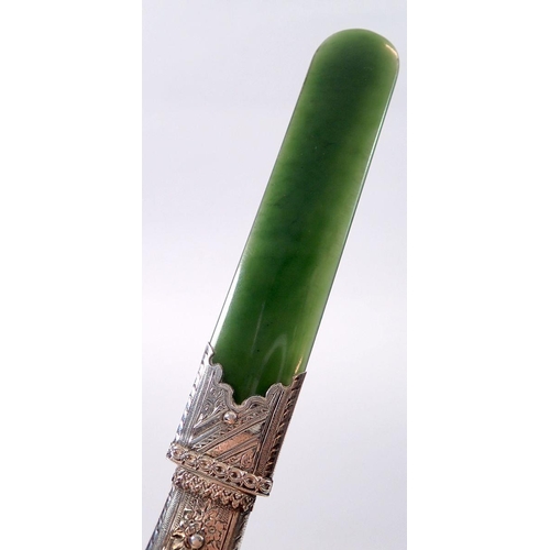 348 - A 19th century silver mounted green jade page turner, 20.7cm