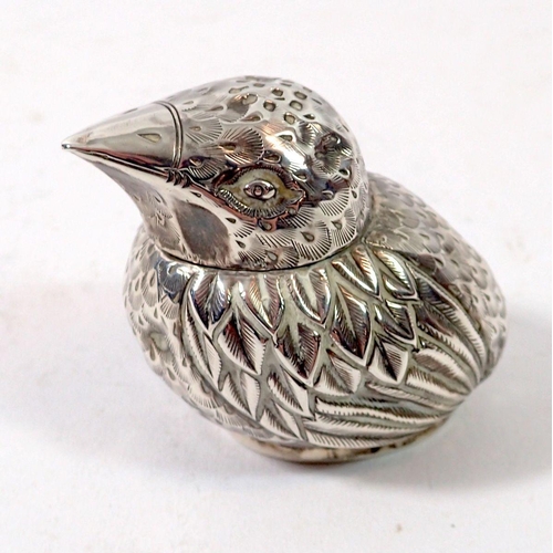 349 - A Chinese silver novelty box in the form of a miniature baby bird, signed to base, 4cm tall