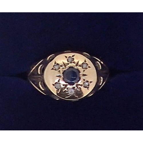 361 - A 9 carat gold ring set sapphire and chip diamonds, 2.4g, size M