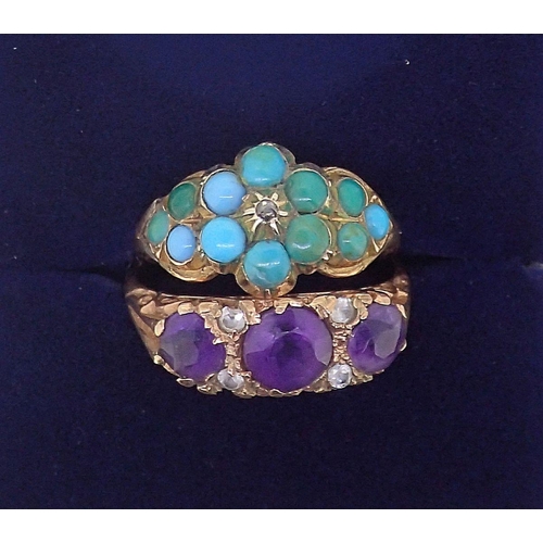 368 - A Victorian turquoise ring set chip diamond on unmarked gold band a/f, size L and a Victorian 9 cara... 