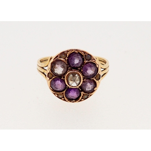 370 - A Victorian 18 carat gold amethyst and diamond cluster ring, size I